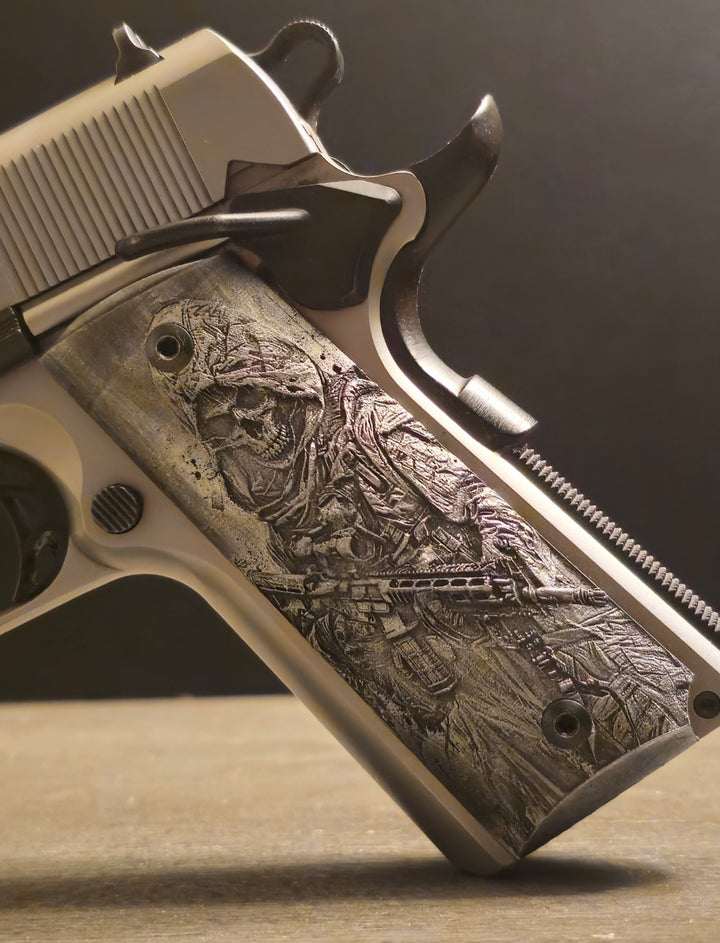 Ghost LTD 1911 pistol grips by Lambda-Grips, limited-edition hand-painted design, precision-fit panels crafted in Colorado for performance and style.