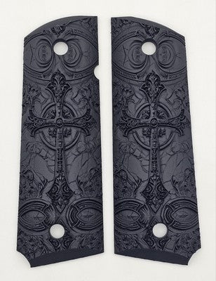 Close-up of Lambda cross 1911 pistol grips highlighting textured surface, and durable polymer construction.