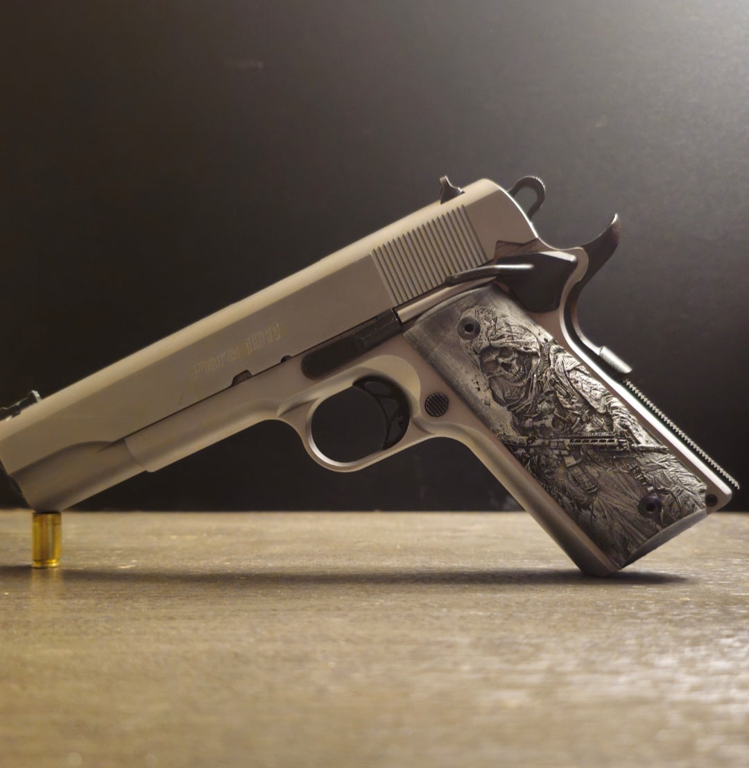 Ghost LTD 1911 pistol grips by Lambda-Grips, limited-edition hand-painted design, precision-fit panels crafted in Colorado for performance and style.