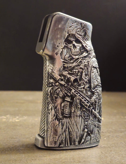 ambda-Grips Ghost LTD AR vertical pistol grip, limited-edition hand-painted design, precision-fit polymer grip crafted in Colorado for control and style.